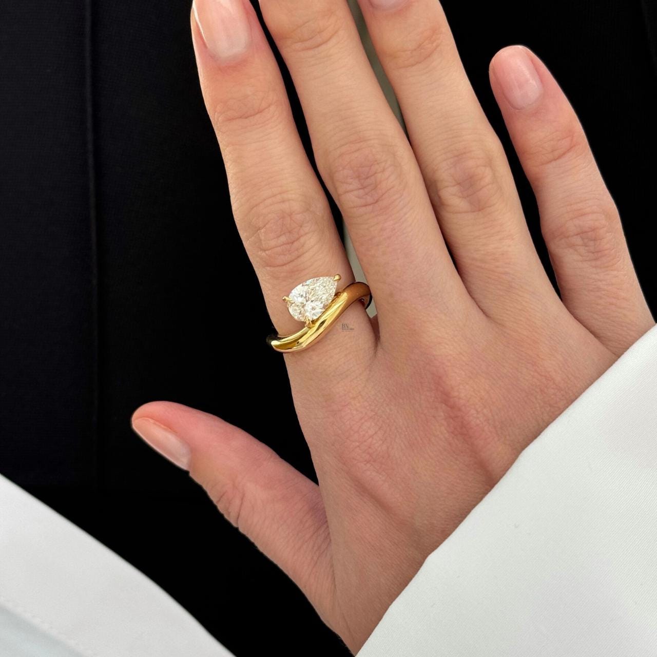 1.75ct Pear Lab Diamond Swirl Solitaire Ring |  Yellow Gold Chunky Bypass Engagement | Modern Sculptural Wedding Gift | IGI Certified