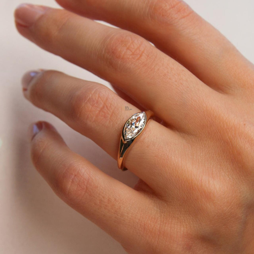 1.2ct Marquise Lab Diamond East West Ring | 14K Yellow Gold Half Bezel Solitaire | Horizontal Minimalist Engagement | IGI Certified