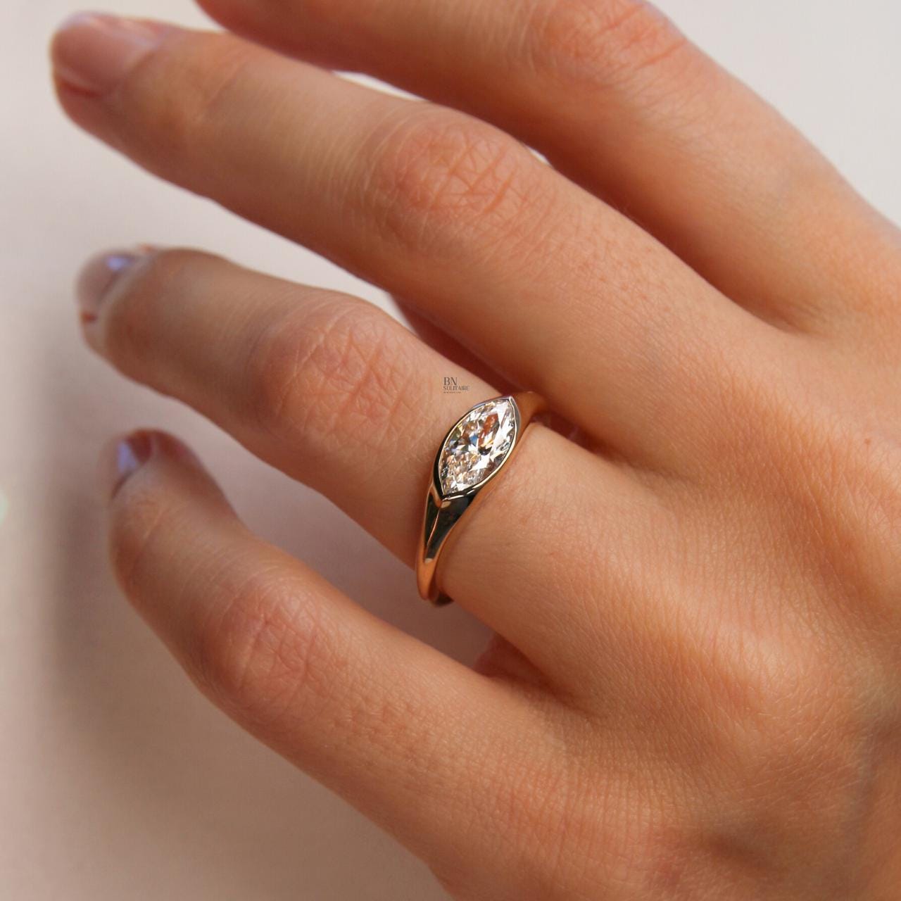 1.2ct Marquise Lab Diamond East West Ring | 14K Yellow Gold Half Bezel Solitaire | Horizontal Minimalist Engagement | IGI Certified