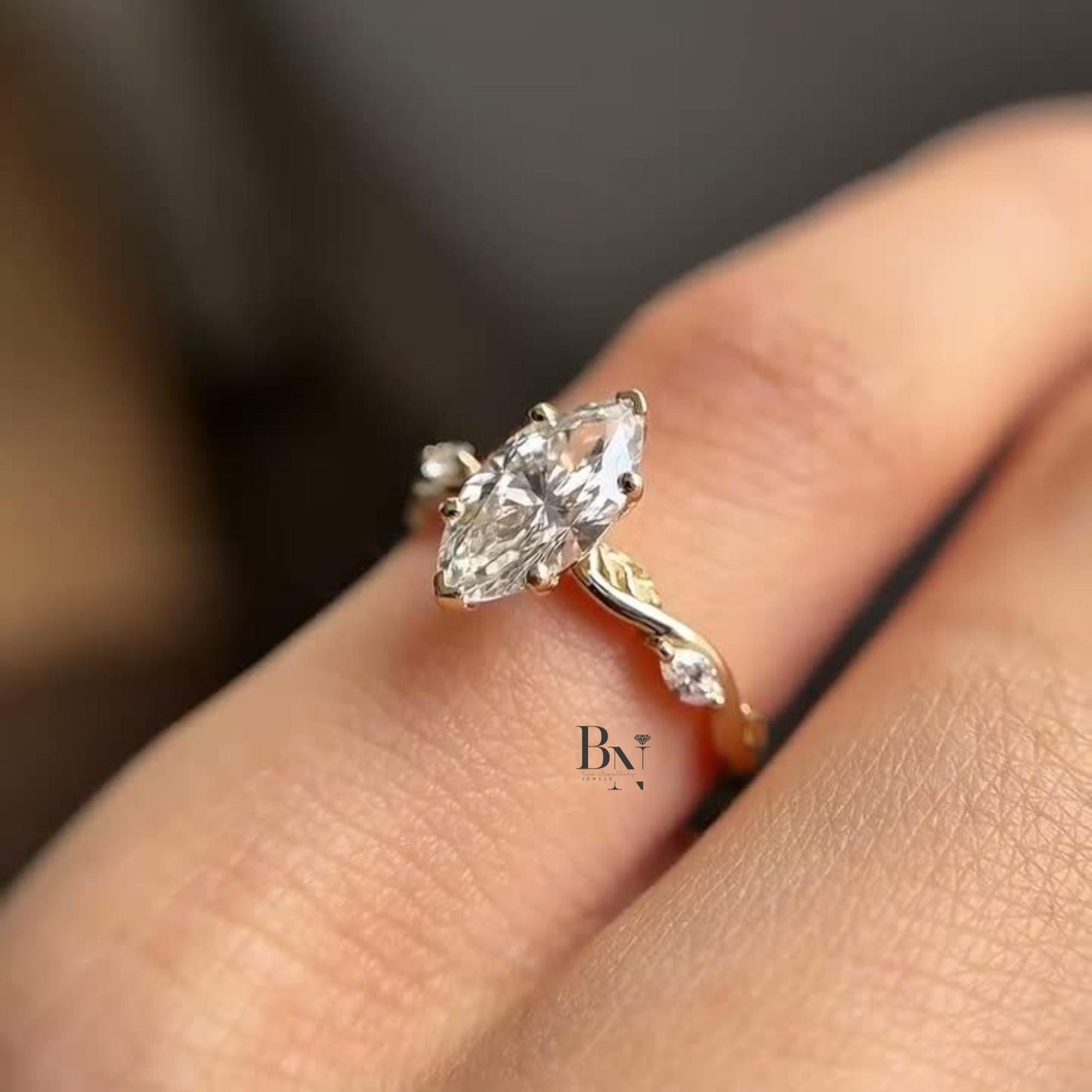 1.00 CT Marquise Lab Grown Diamond Engagement Ring | Twisted Vine Solitaire | 14K Yellow Gold Nature Inspired Bridal | Art Deco Promise