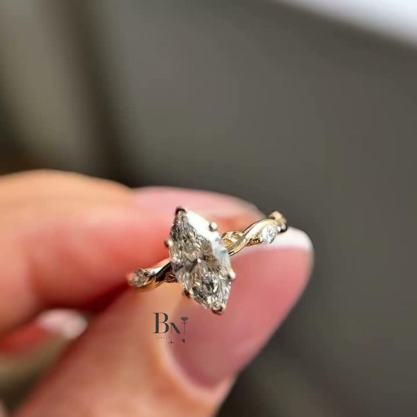 1.00 CT Marquise Lab Grown Diamond Engagement Ring | Twisted Vine Solitaire | 14K Yellow Gold Nature Inspired Bridal | Art Deco Promise