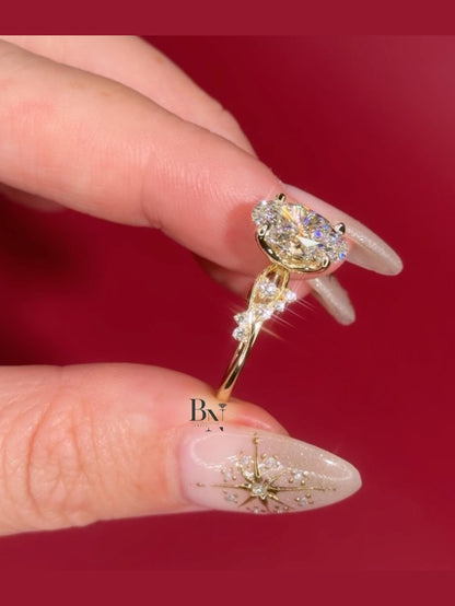 3.00 CT Oval Lab Diamond Engagement Ring | Twisted Vine Nature Inspired Bridal | 14K Yellow Gold Promise | Elongated Three Stone Ring