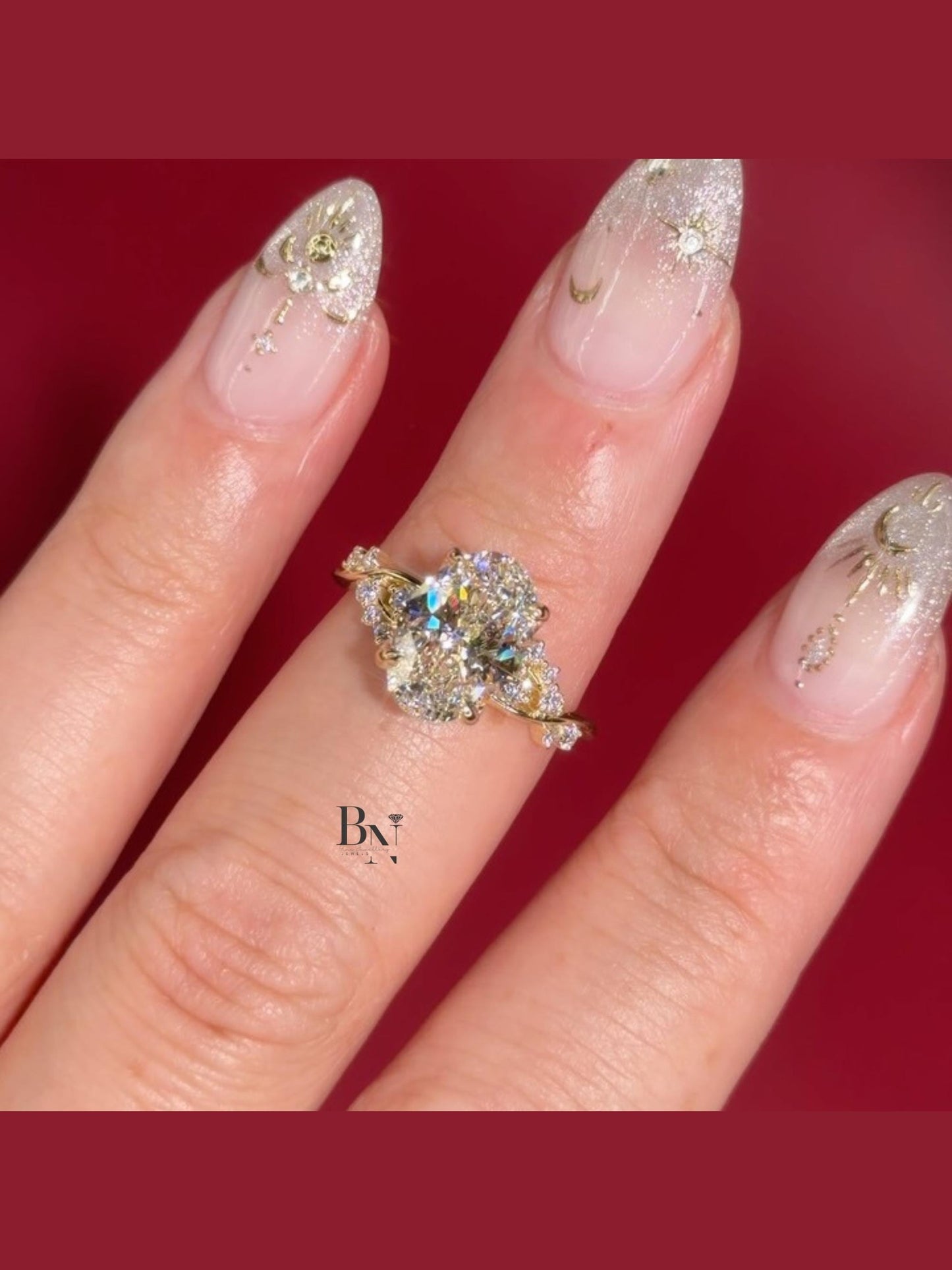 3.00 CT Oval Lab Diamond Engagement Ring | Twisted Vine Nature Inspired Bridal | 14K Yellow Gold Promise | Elongated Three Stone Ring