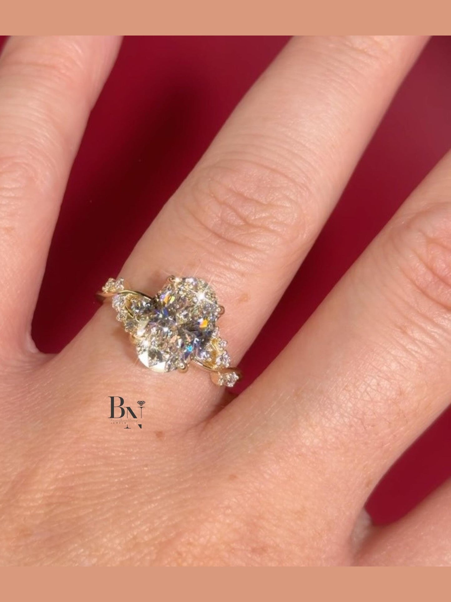 3.00 CT Oval Lab Diamond Engagement Ring | Twisted Vine Nature Inspired Bridal | 14K Yellow Gold Promise | Elongated Three Stone Ring