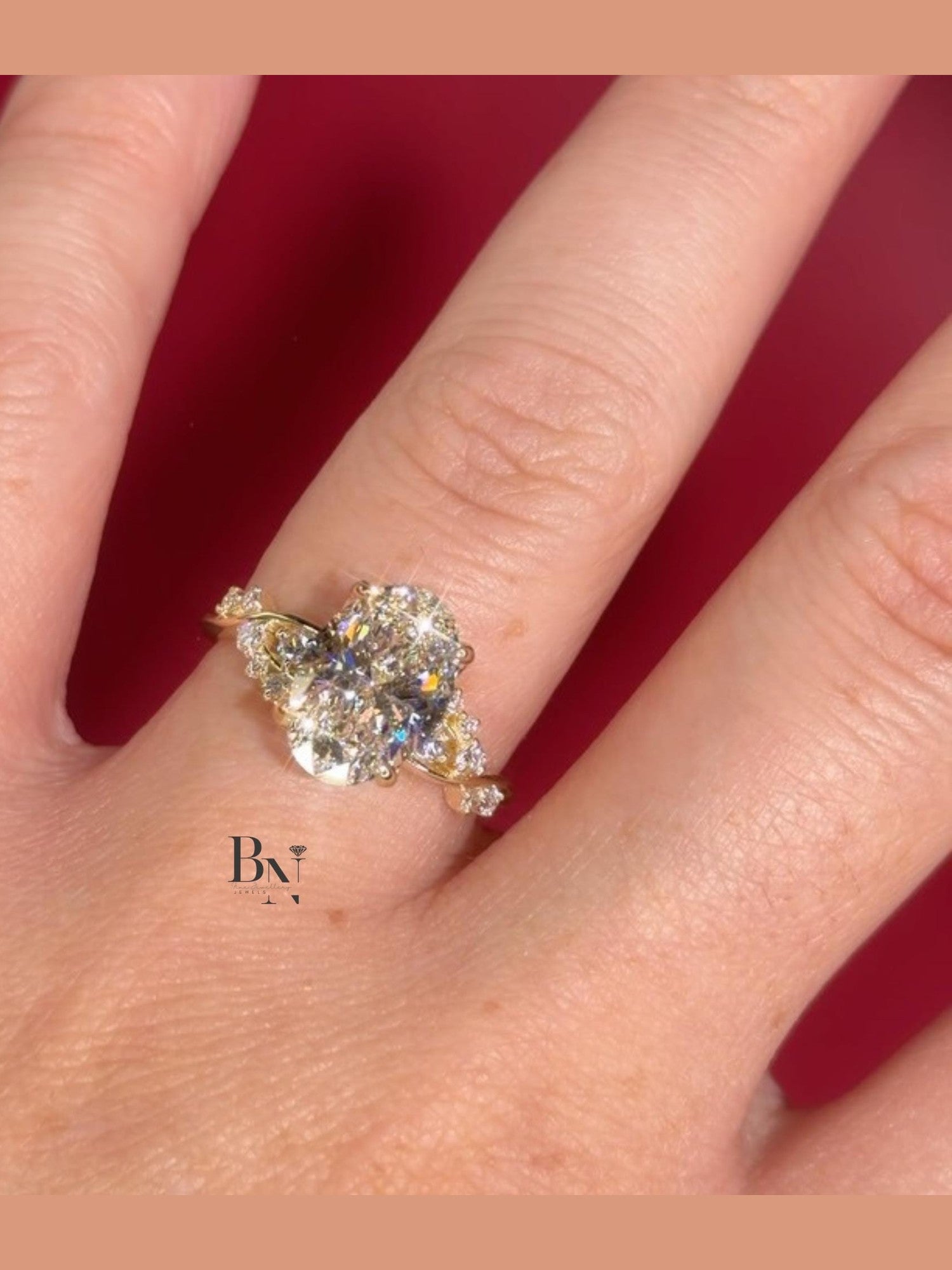 3.00 CT Oval Lab Diamond Engagement Ring | Twisted Vine Nature Inspired Bridal | 14K Yellow Gold Promise | Elongated Three Stone Ring