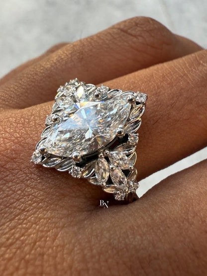 1.50 CT Marquise Lab Diamond Engagement Ring | Nature Inspired Leaf Accent Halo | 14K White Gold Filigree Vintage Bridal | Statement Ring
