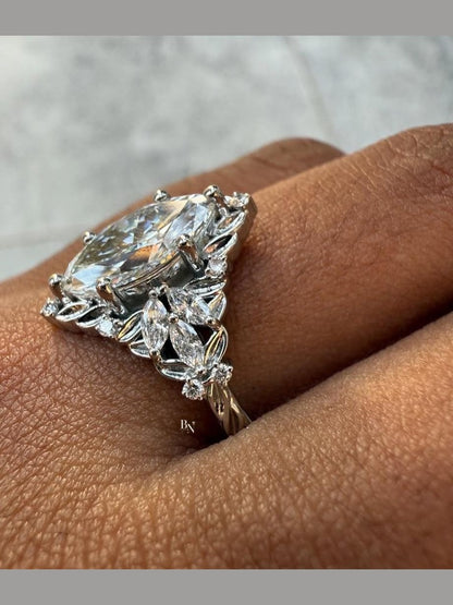 1.50 CT Marquise Lab Diamond Engagement Ring | Nature Inspired Leaf Accent Halo | 14K White Gold Filigree Vintage Bridal | Statement Ring