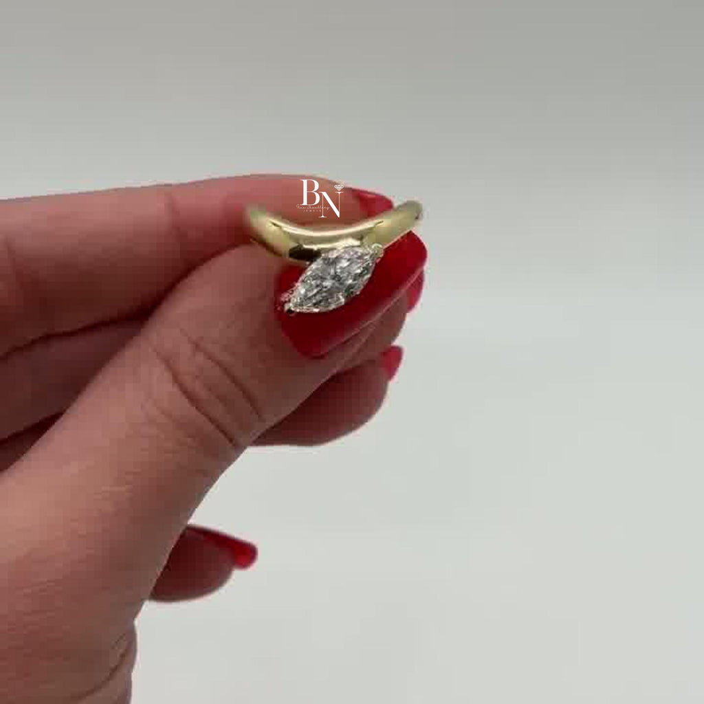 1.00ct Marquise Lab Diamond Ring | East West Bezel Set Solitaire | Yellow Gold Bypass Engagement Ring | Modern Bridal
