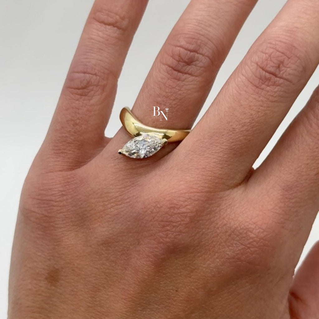 1.00ct Marquise Lab Diamond Ring | East West Bezel Set Solitaire | Yellow Gold Bypass Engagement Ring | Modern Bridal