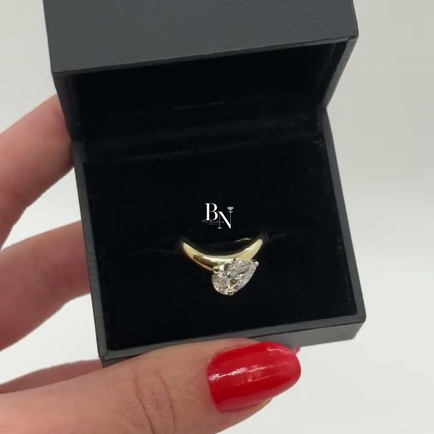 1.00ct Pear Lab Diamond Engagement Ring | Yellow Gold Bypass Solitaire | Bezel Set Unique Modern Bridal Ring | IGI Certified