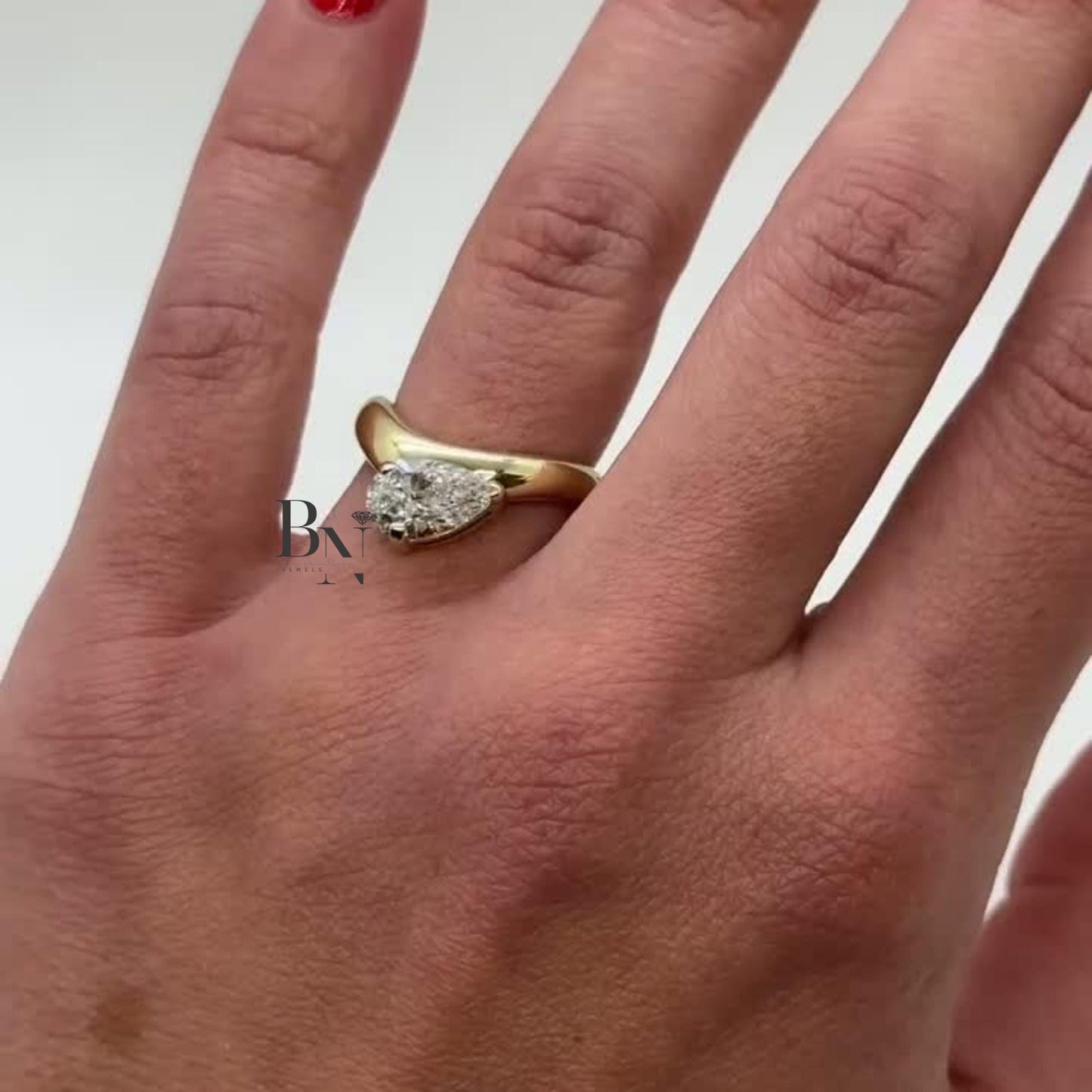 1.00ct Pear Lab Diamond Engagement Ring | Yellow Gold Bypass Solitaire | Bezel Set Unique Modern Bridal Ring | IGI Certified