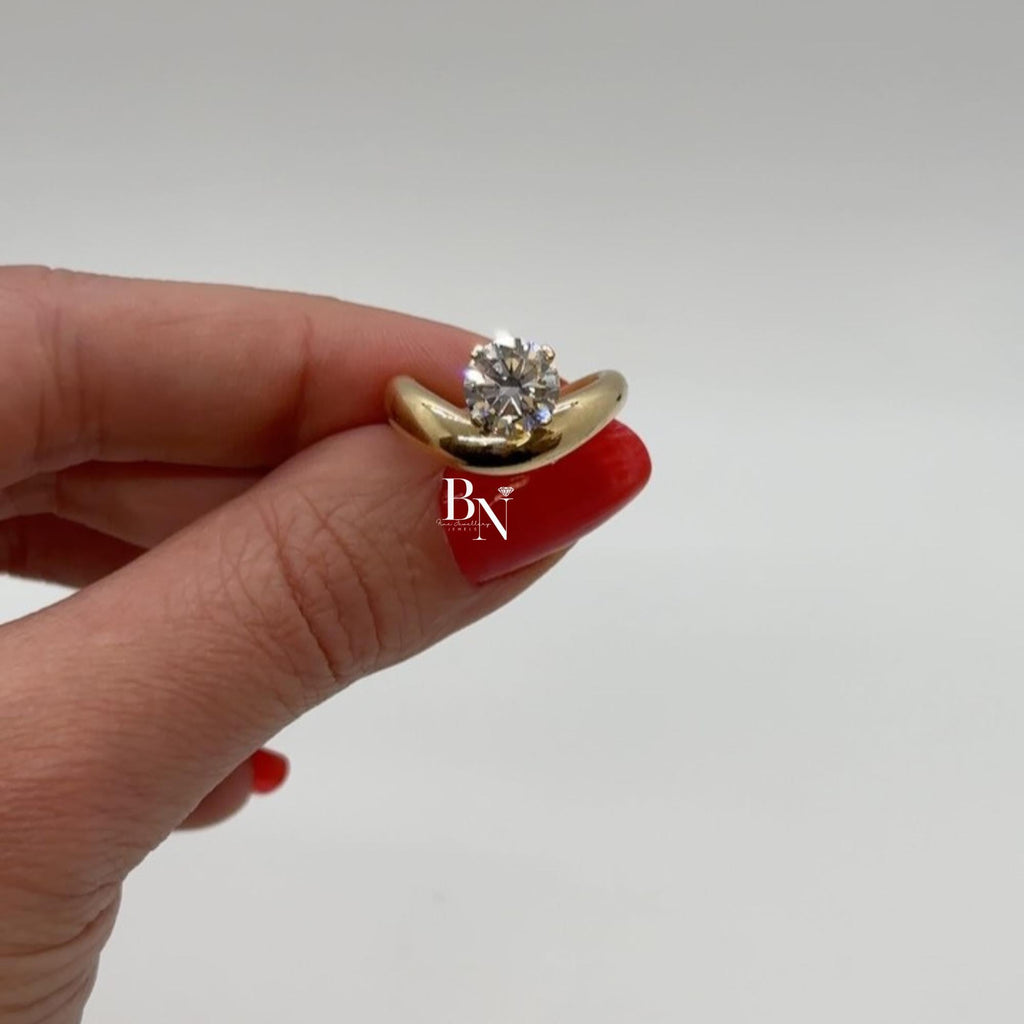 1.00ct Round Lab Diamond Engagement Ring | Yellow Gold Bypass Solitaire | Tension Set Unique Modern Bridal Ring | IGI Certified