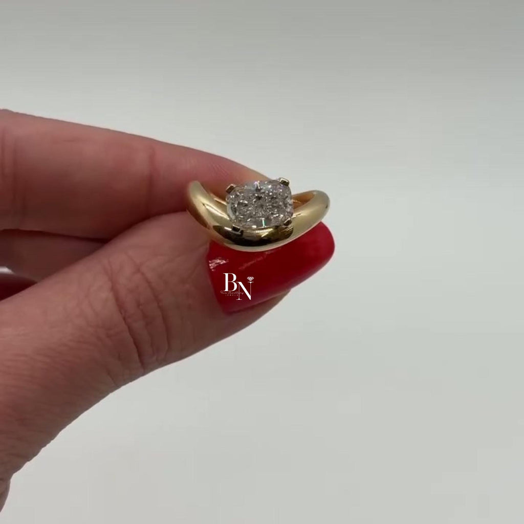 1.00ct Cushion Lab Diamond Engagement Ring | Yellow Gold Bypass Solitaire | Semi Bezel Set Unique Bridal Ring | Modern Sculptural