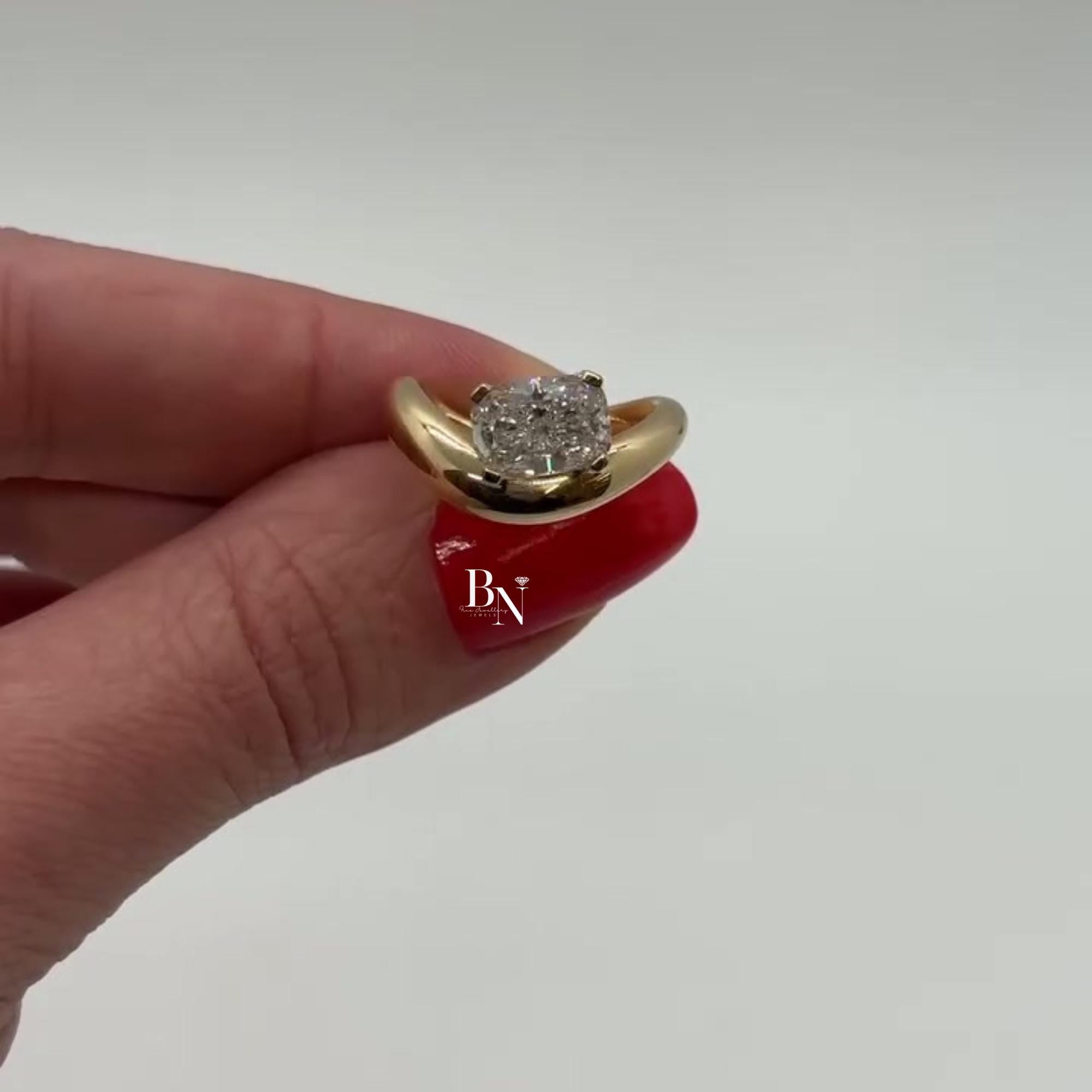 1.00ct Cushion Lab Diamond Engagement Ring | Yellow Gold Bypass Solitaire | Semi Bezel Set Unique Bridal Ring | Modern Sculptural