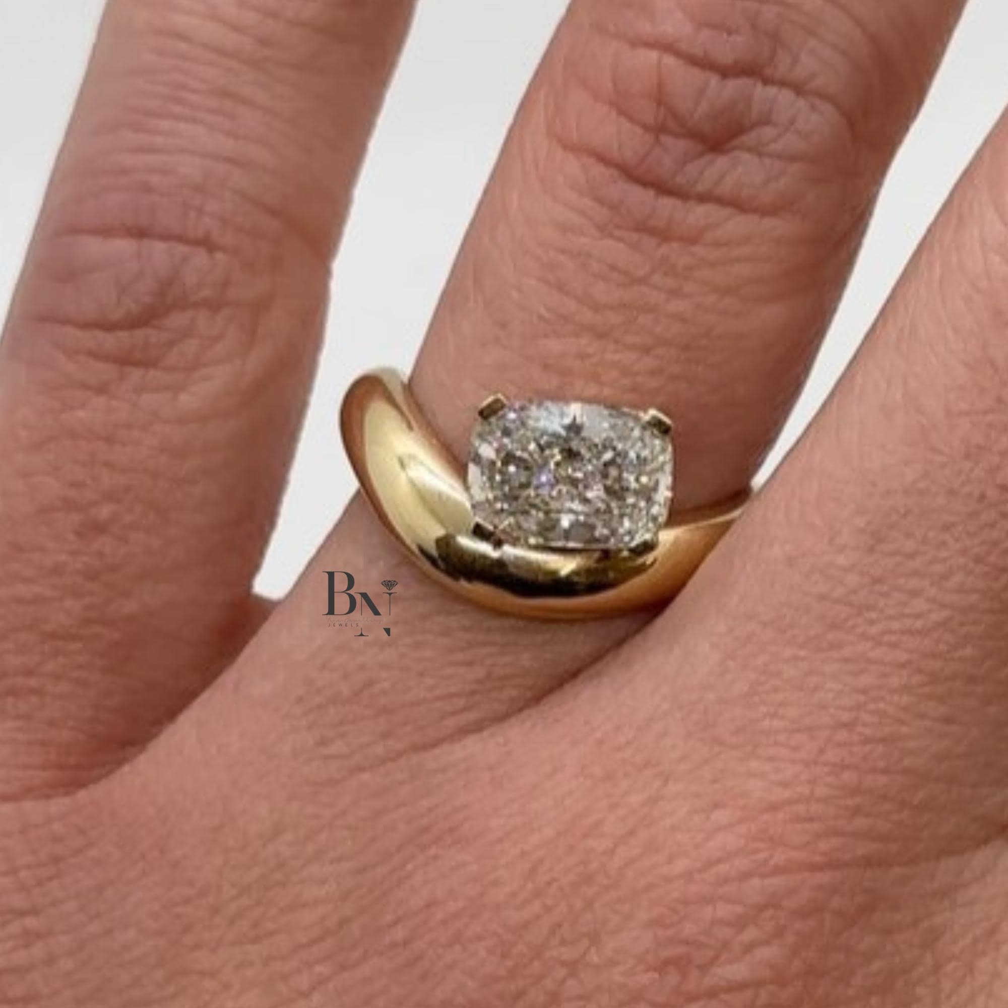 1.00ct Cushion Lab Diamond Engagement Ring | Yellow Gold Bypass Solitaire | Semi Bezel Set Unique Bridal Ring | Modern Sculptural