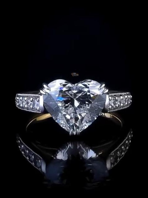 3ct Heart Lab Diamond Hidden Halo Ring | Two Tone Milgrain Pave Engagement | Vintage Inspired Wedding Gift | IGI Certified Statement