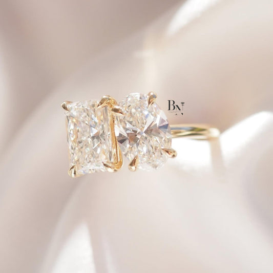 Luxury 3.50 carat total weight Oval and Radiant Cut lab diamond Toi et Moi ring in yellow gold, featuring an Oval Lab Diamond and a Radiant Lab Diamond set side-by-side on a delicate band.
