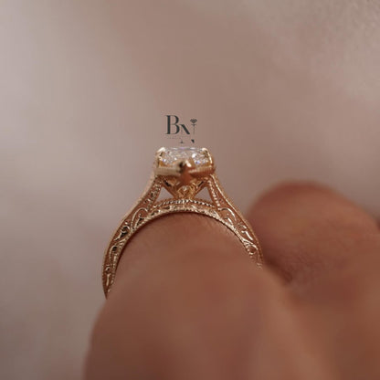 3.00ct Marquise Lab Diamond Ring | Vintage Hand Engraved Solitaire | Yellow Gold Art Deco Engagement Ring | IGI Certified