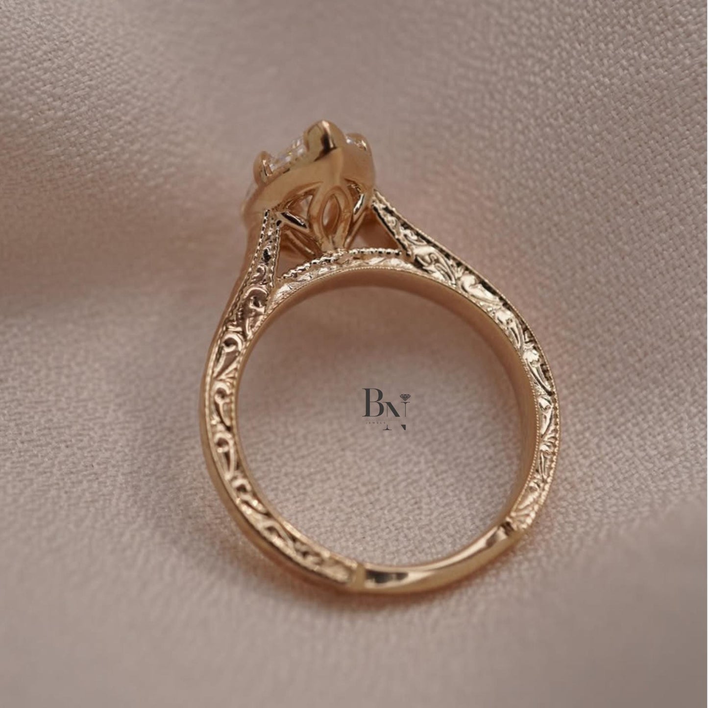 3.00ct Marquise Lab Diamond Ring | Vintage Hand Engraved Solitaire | Yellow Gold Art Deco Engagement Ring | IGI Certified