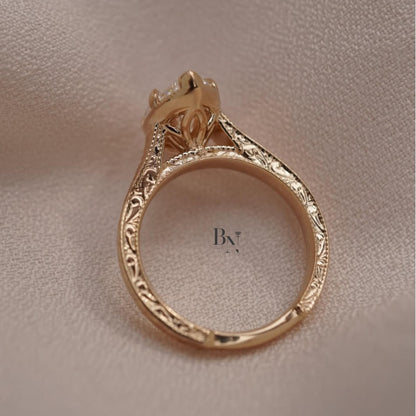 3.00ct Marquise Lab Diamond Ring | Vintage Hand Engraved Solitaire | Yellow Gold Art Deco Engagement Ring | IGI Certified