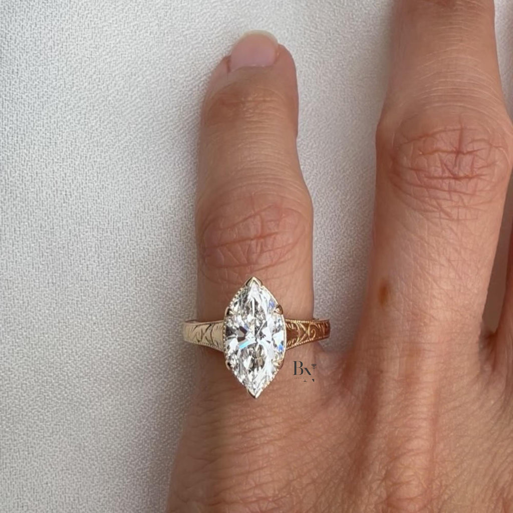 3.00ct Marquise Lab Diamond Ring | Vintage Hand Engraved Solitaire | Yellow Gold Art Deco Engagement Ring | IGI Certified