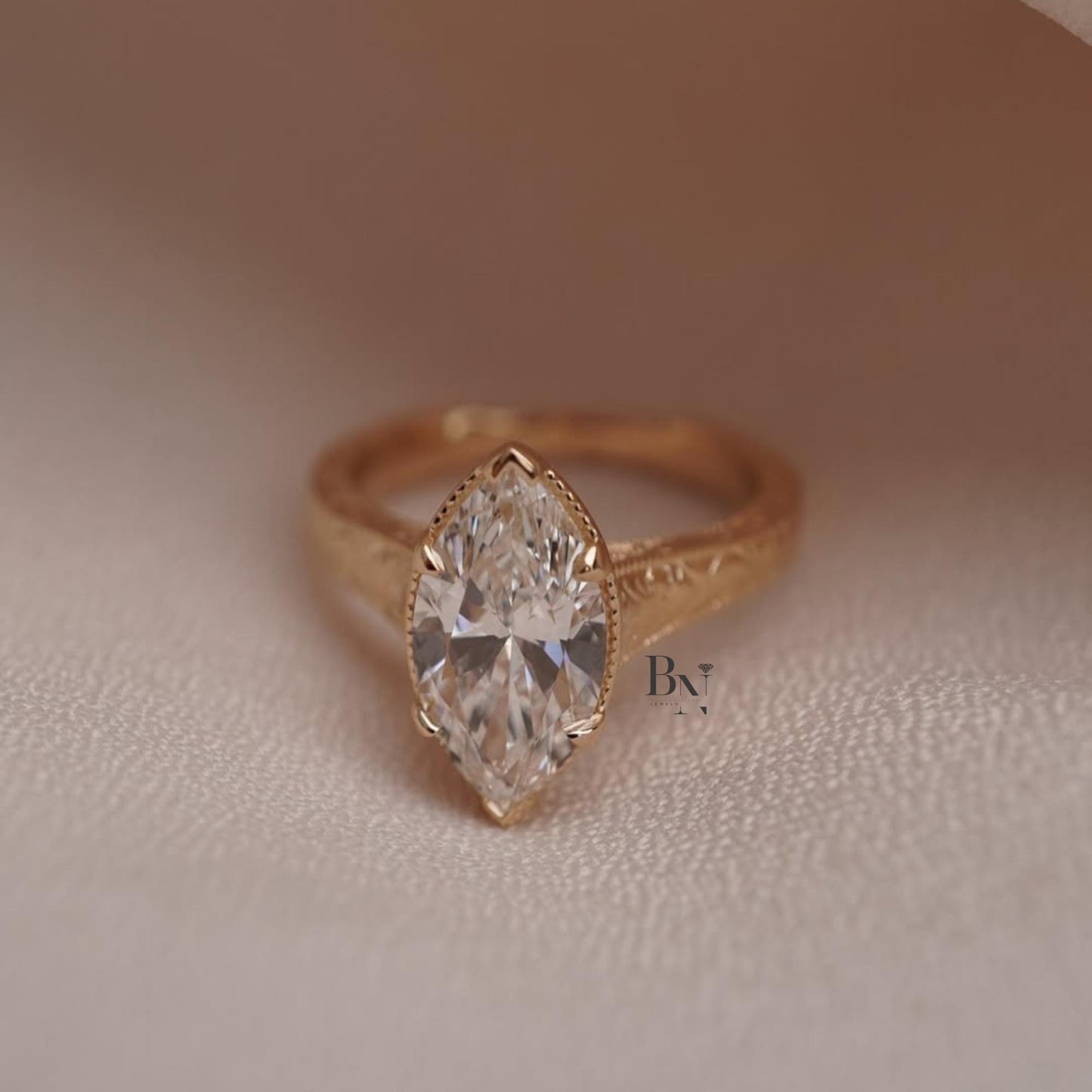 3.00ct Marquise Lab Diamond Ring | Vintage Hand Engraved Solitaire | Yellow Gold Art Deco Engagement Ring | IGI Certified