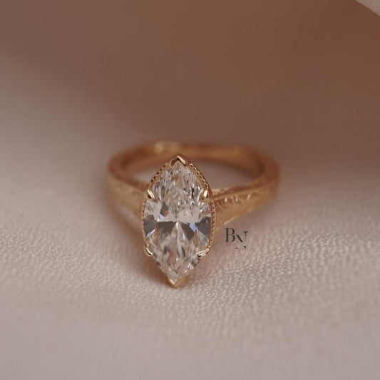 3.00ct Marquise Lab Diamond Ring | Vintage Hand Engraved Solitaire | Yellow Gold Art Deco Engagement Ring | IGI Certified