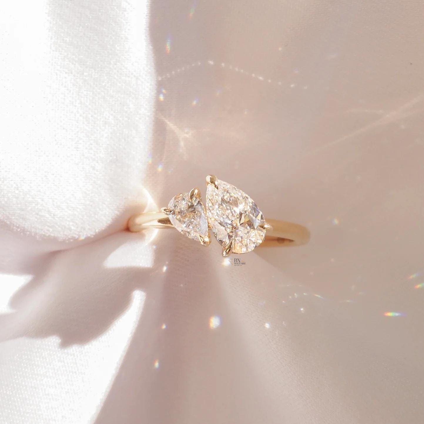 1 ctw Pear Lab Diamond Toi et Moi Ring | 14K Yellow Gold Asymmetrical Engagement | Two Stone Bypass Proposal Gift | Minimalist Luxury