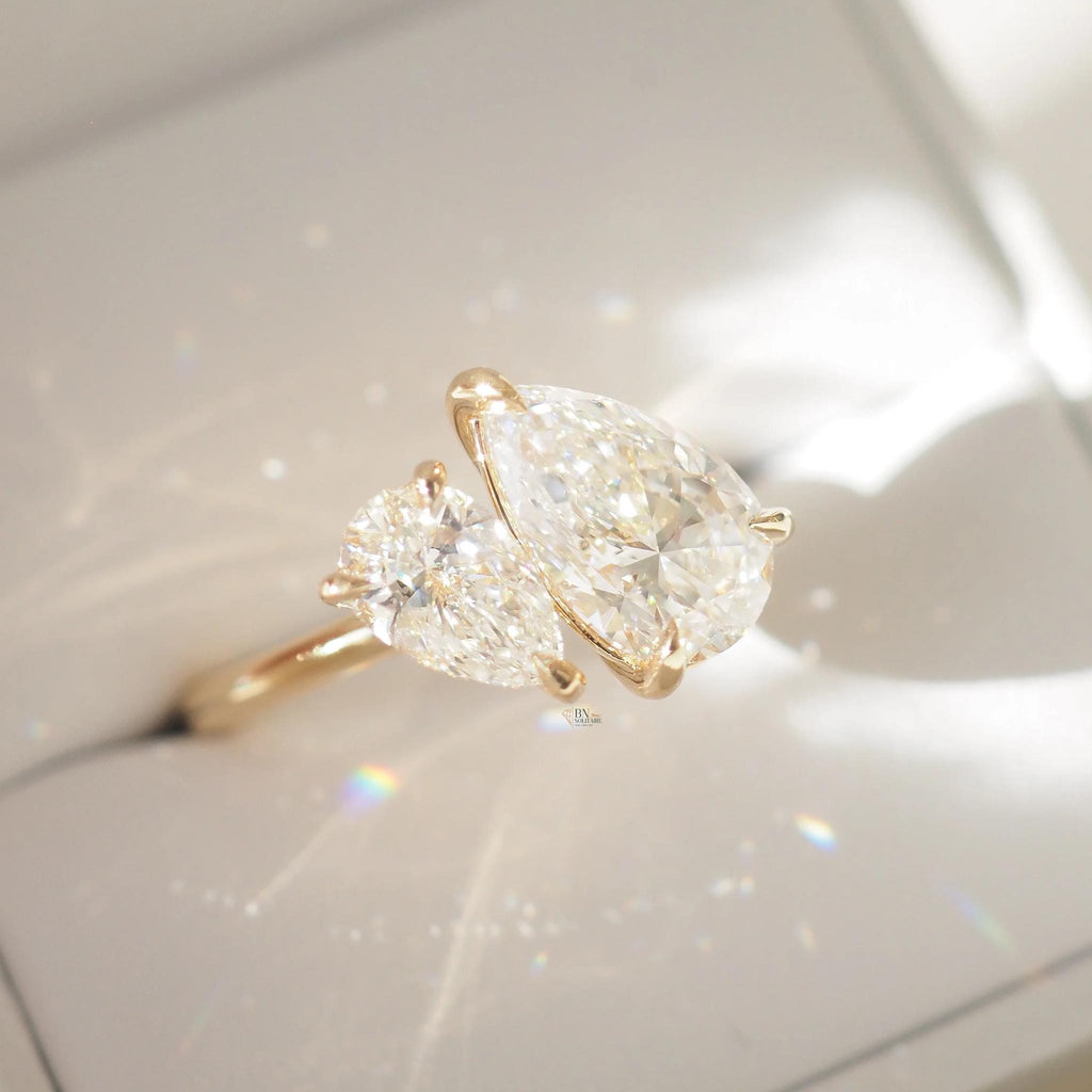 1 ctw Pear Lab Diamond Toi et Moi Ring | 14K Yellow Gold Asymmetrical Engagement | Two Stone Bypass Proposal Gift | Minimalist Luxury