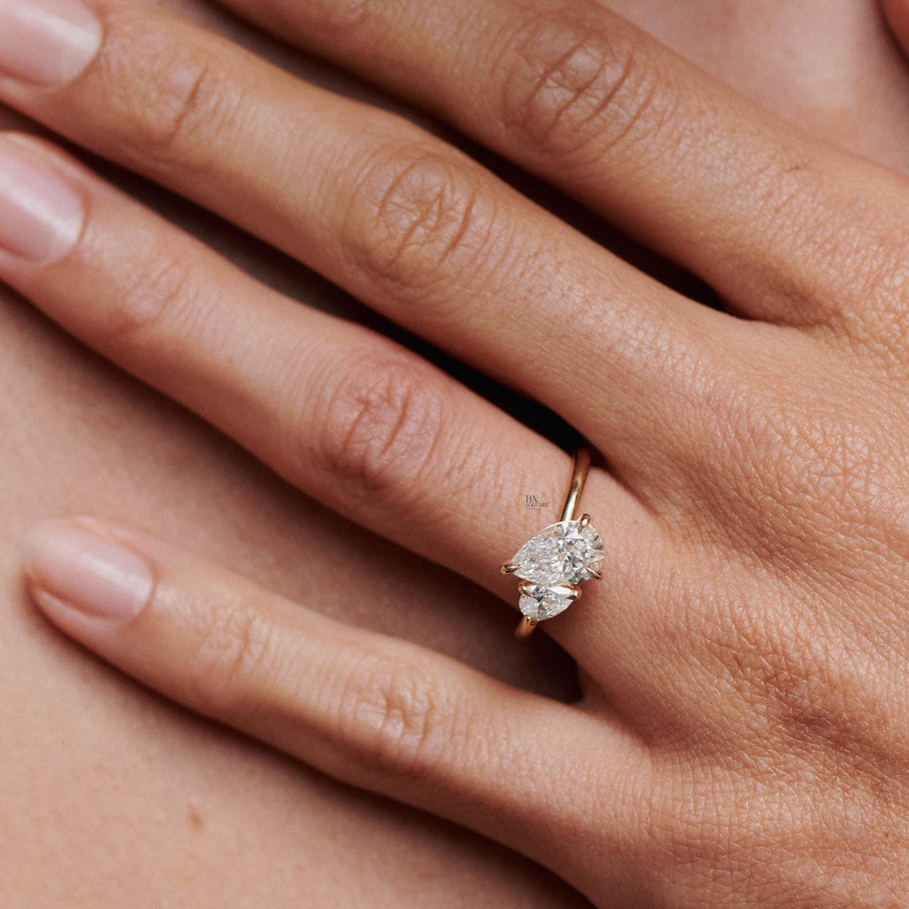 1 ctw Pear Lab Diamond Toi et Moi Ring | 14K Yellow Gold Asymmetrical Engagement | Two Stone Bypass Proposal Gift | Minimalist Luxury