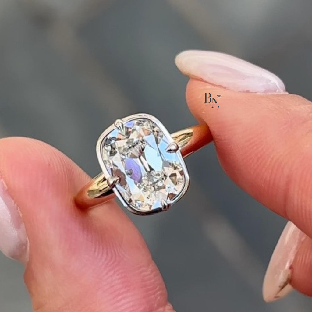 3.00ct Old Mine Cushion Lab Diamond Ring | Yellow Gold Bypass Solitaire | Two Tone Semi Bezel Engagement Ring | Vintage Modern