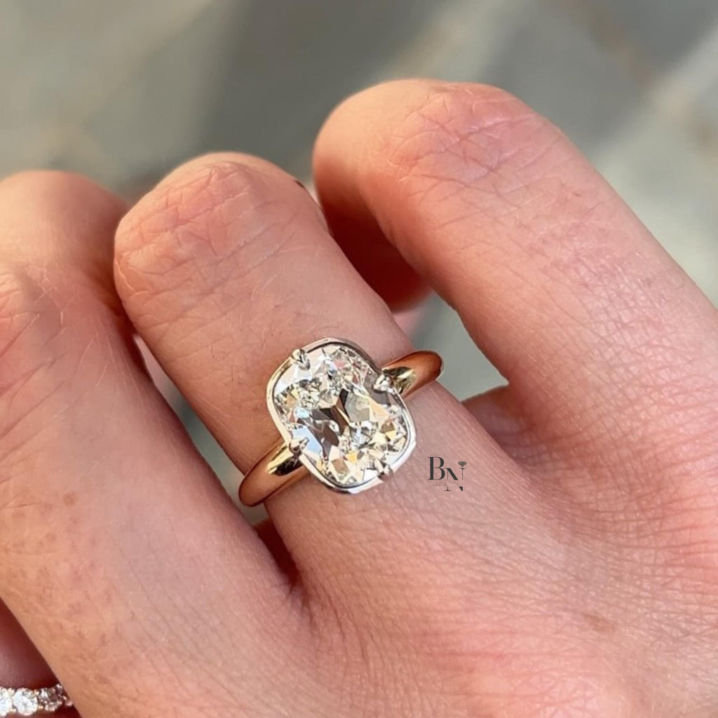 3.00ct Old Mine Cushion Lab Diamond Ring | Yellow Gold Bypass Solitaire | Two Tone Semi Bezel Engagement Ring | Vintage Modern