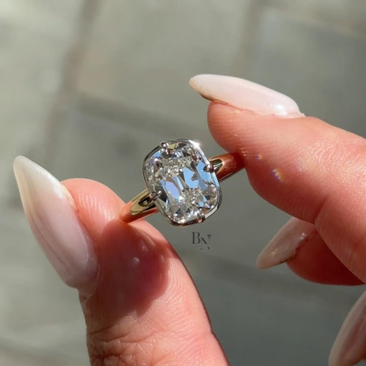 3.00ct Old Mine Cushion Lab Diamond Ring | Yellow Gold Bypass Solitaire | Two Tone Semi Bezel Engagement Ring | Vintage Modern