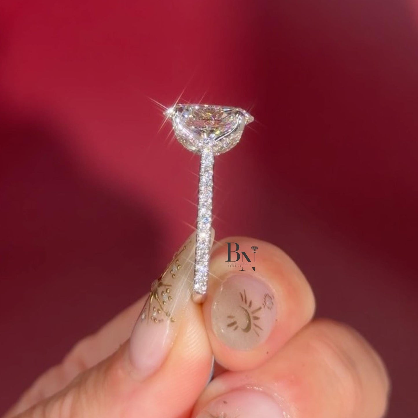 3.00 CT Oval Lab Diamond Engagement Ring | Lotus Basket Setting | Pave Band | 14K Yellow Gold Solitaire | IGI Certified | Elongated Oval