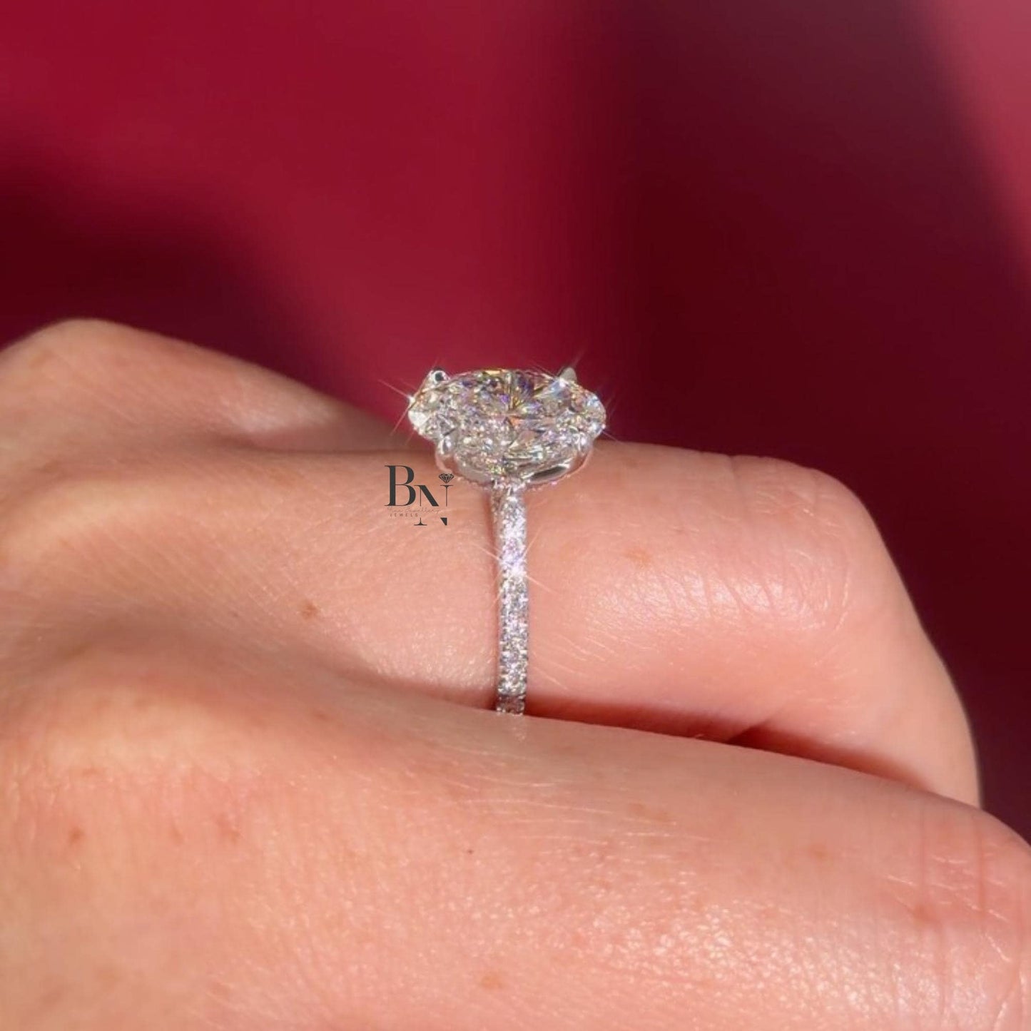 3.00 CT Oval Lab Diamond Engagement Ring | Lotus Basket Setting | Pave Band | 14K Yellow Gold Solitaire | IGI Certified | Elongated Oval