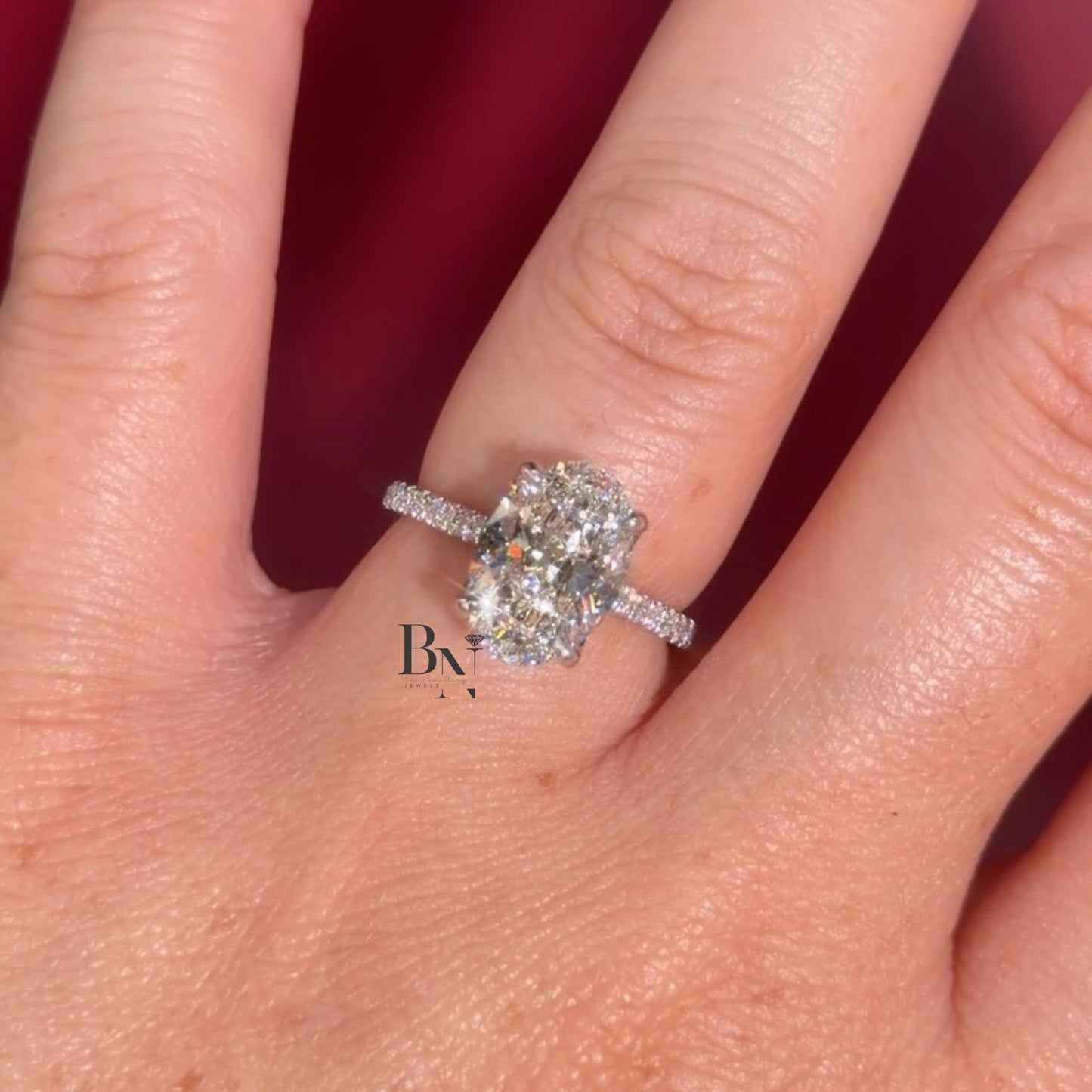 3.00 CT Oval Lab Diamond Engagement Ring | Lotus Basket Setting | Pave Band | 14K Yellow Gold Solitaire | IGI Certified | Elongated Oval