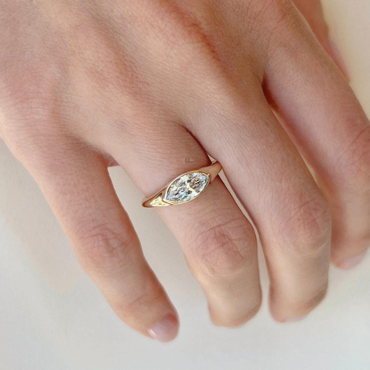 1.2ct Marquise Lab Diamond East West Ring | 14K Yellow Gold Half Bezel Solitaire | Horizontal Minimalist Engagement | IGI Certified