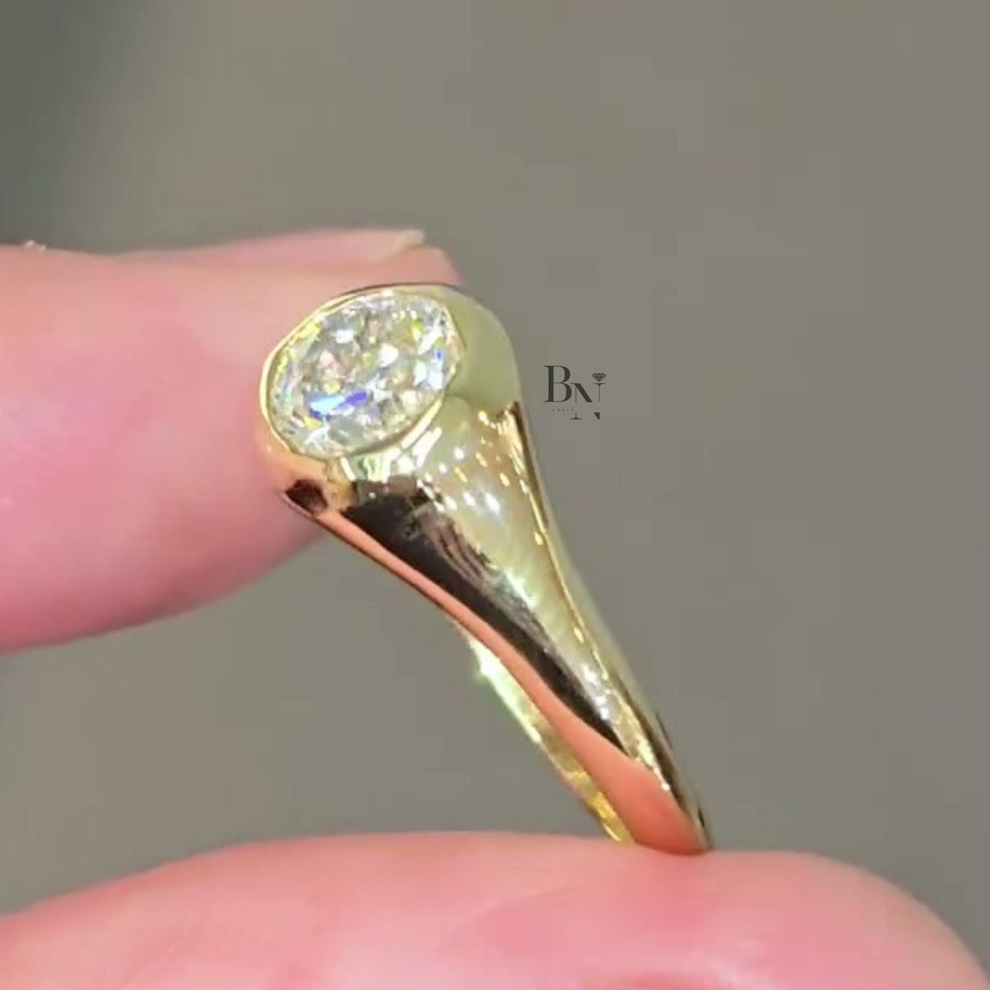 1.00ct Round Lab Grown Diamond Ring | 14K Two Tone Gold Bezel Set Solitaire | Minimalist Engagement | Flush Fit Wedding Set