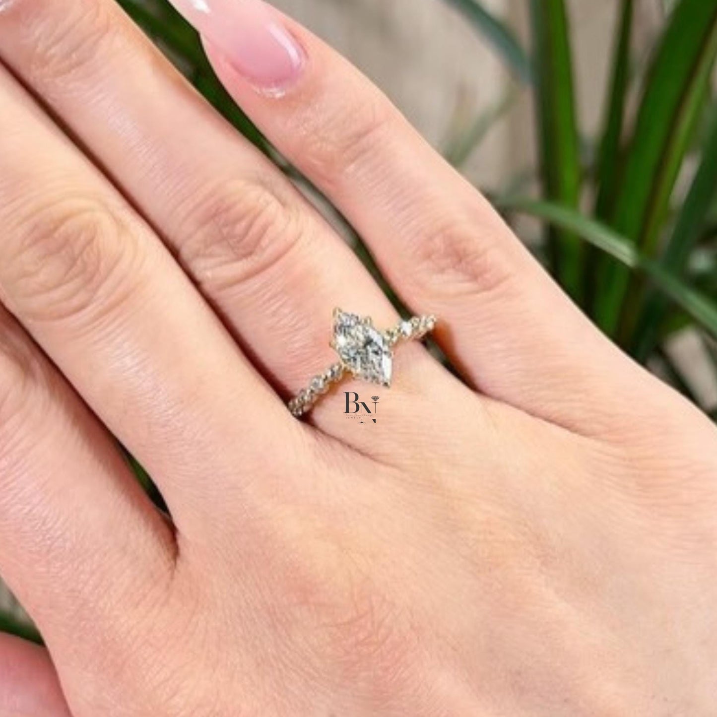 1.00ct Marquise Lab Diamond Engagement Ring | Vintage Solitaire with Pave Accents | 14K Yellow Gold Proposal Ring | Dainty