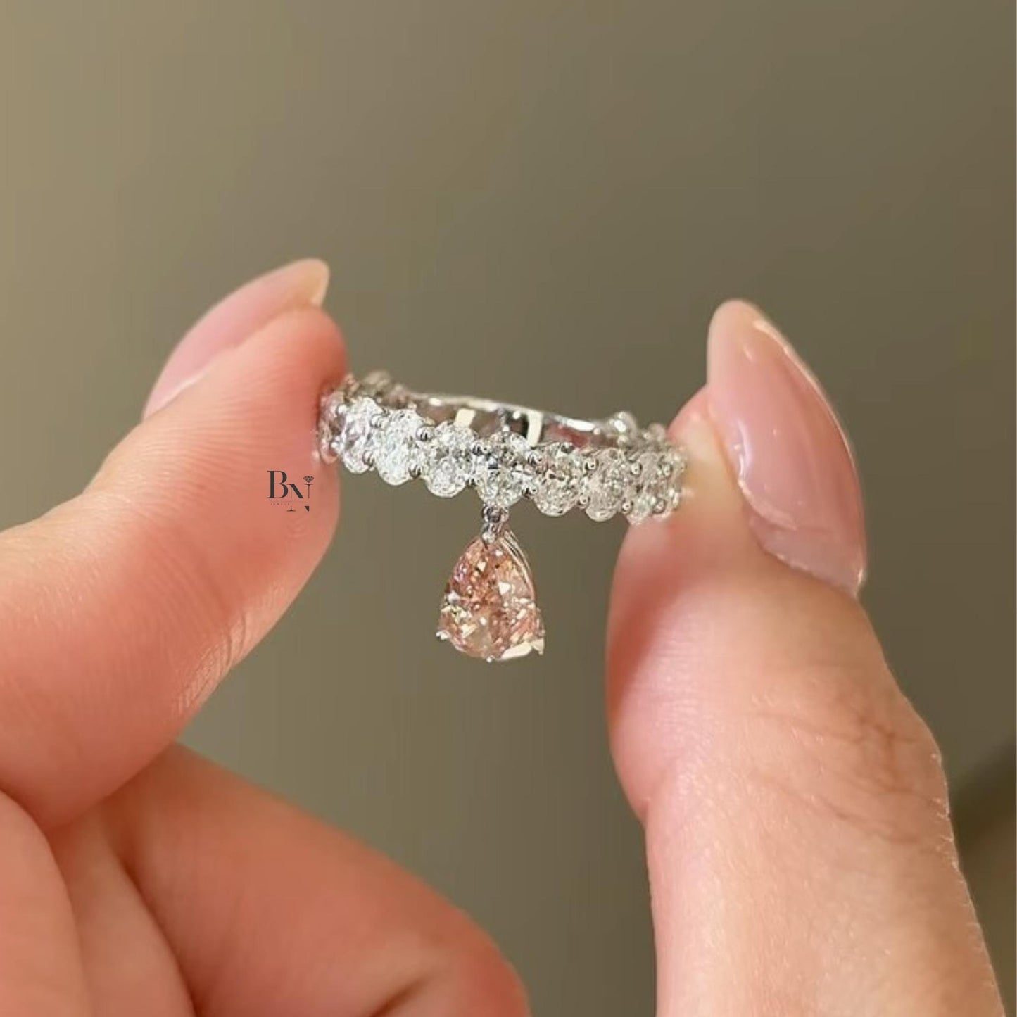 1.00ct Lab Diamond Eternity Band | Dangling Pear Accent Wedding Ring | Floating Diamond Charm | White Gold Luxury