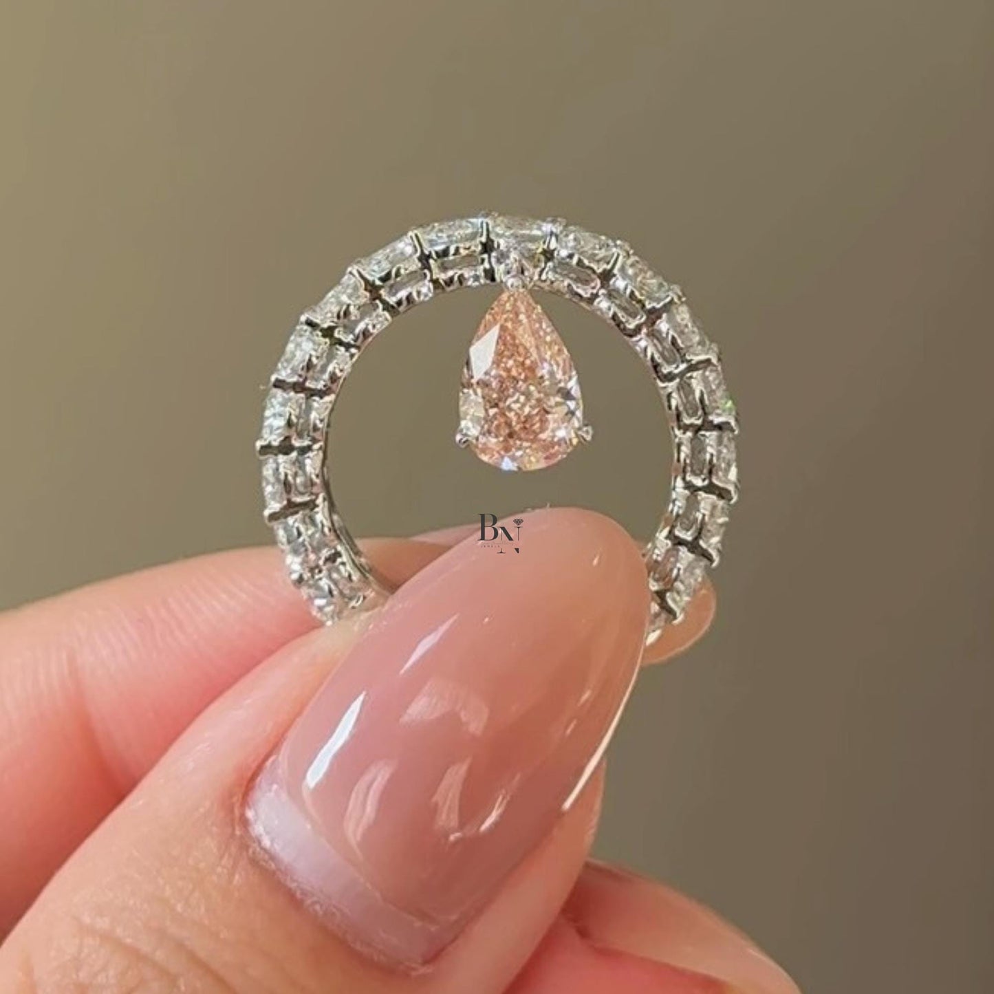 1.00ct Lab Diamond Eternity Band | Dangling Pear Accent Wedding Ring | Floating Diamond Charm | White Gold Luxury