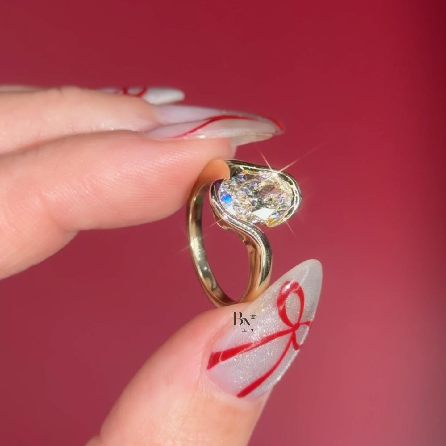 3.00ct Oval Lab Diamond Engagement Ring | Swirl Bypass Setting 14K Gold | Unique Semi Bezel Proposal Ring | Artistic Solitaire