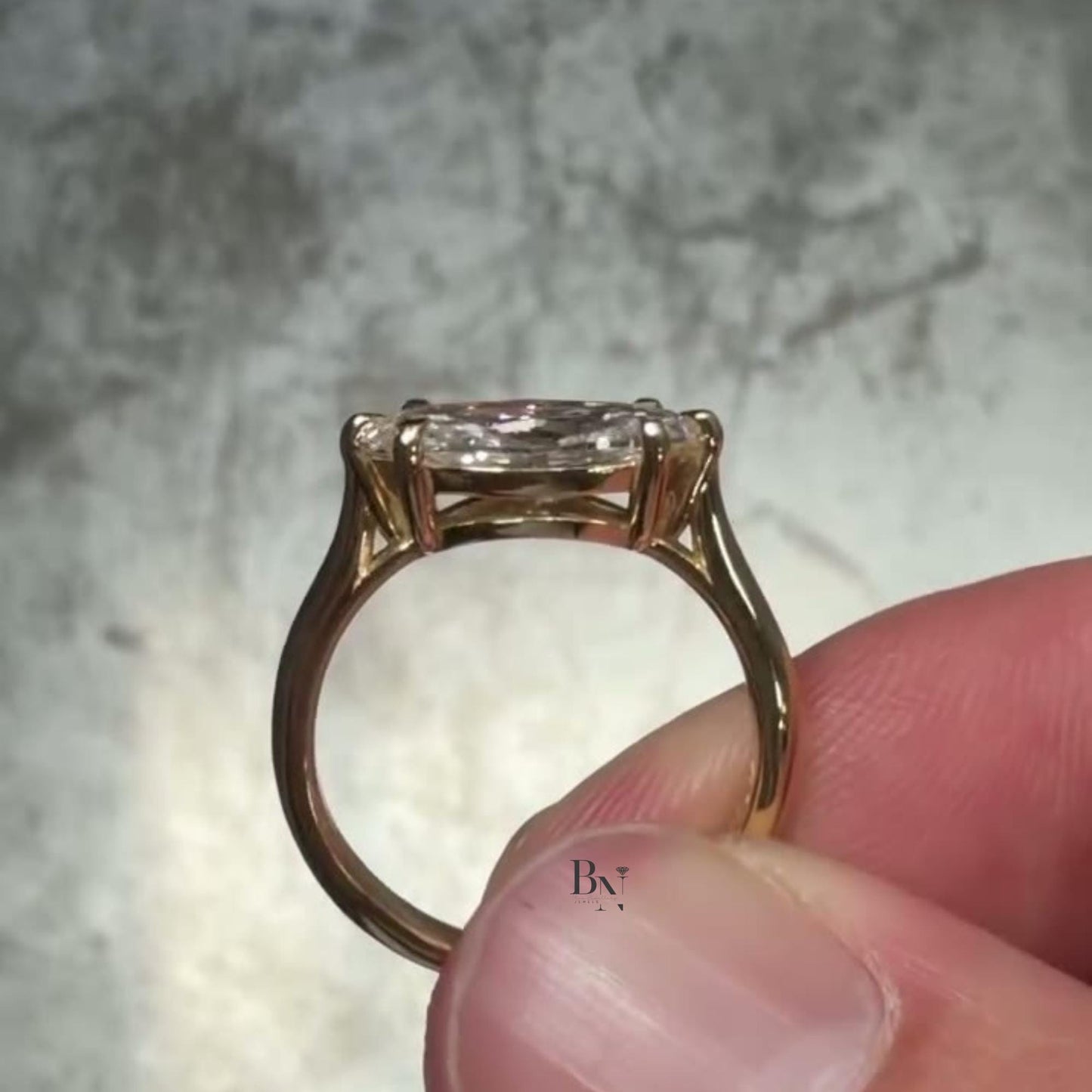 3.00ct East West Marquise Lab Diamond Engagement Ring | Horizontal Solitaire Pave | 14K Yellow Gold Proposal | Unique Bridal