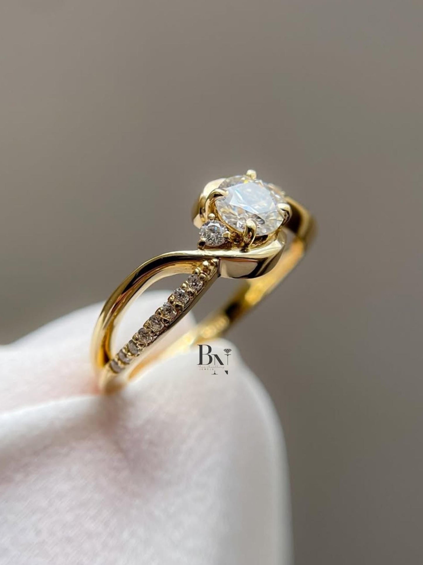 1.00ct Round Lab Diamond Engagement Ring | Yellow Gold Swirl Bypass Setting | Dainty Pave Solitaire | Unique Proposal Ring