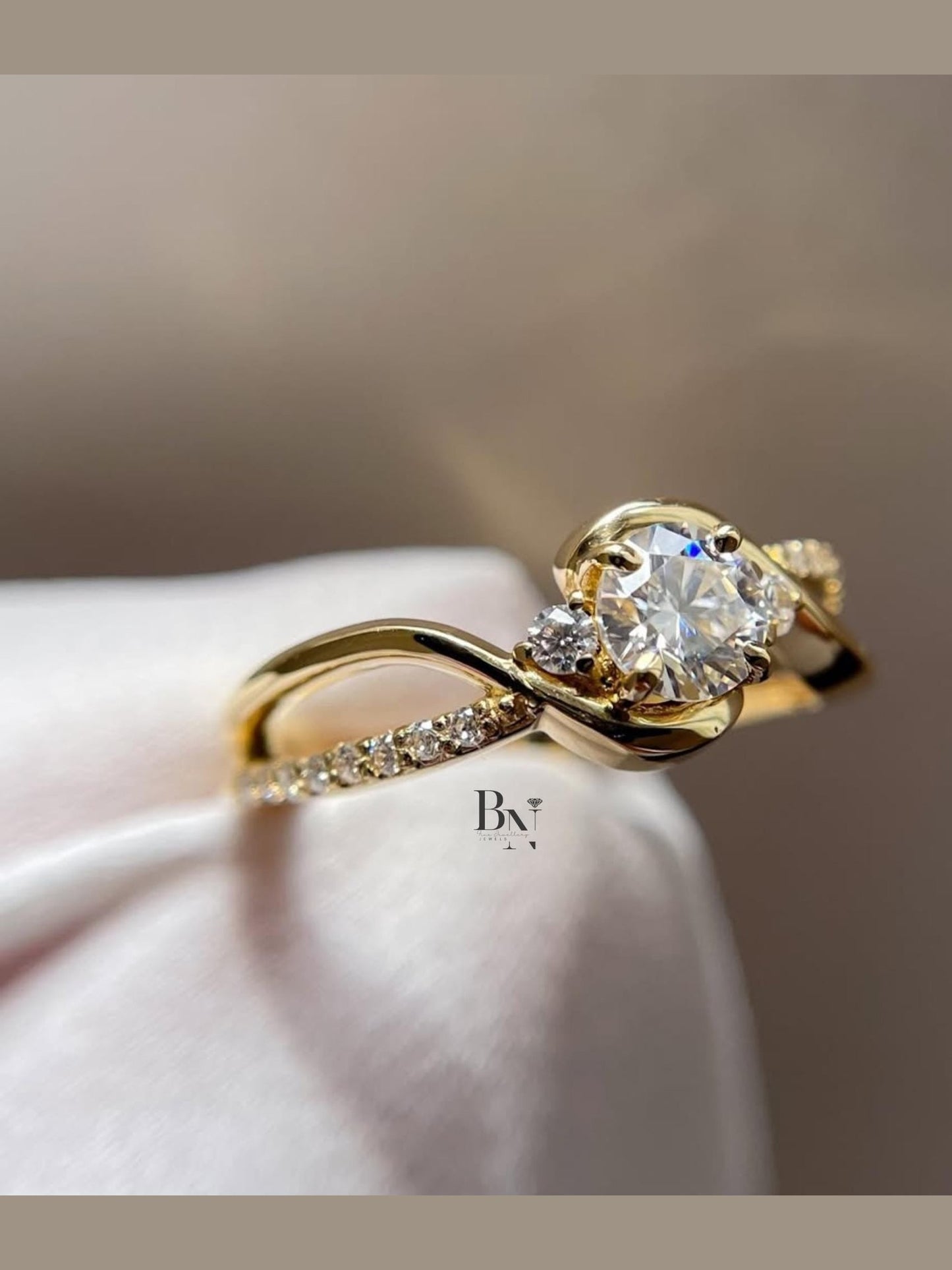 1.00ct Round Lab Diamond Engagement Ring | Yellow Gold Swirl Bypass Setting | Dainty Pave Solitaire | Unique Proposal Ring