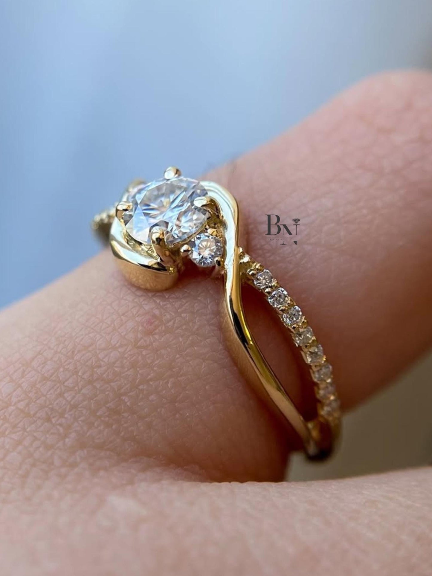 1.00ct Round Lab Diamond Engagement Ring | Yellow Gold Swirl Bypass Setting | Dainty Pave Solitaire | Unique Proposal Ring