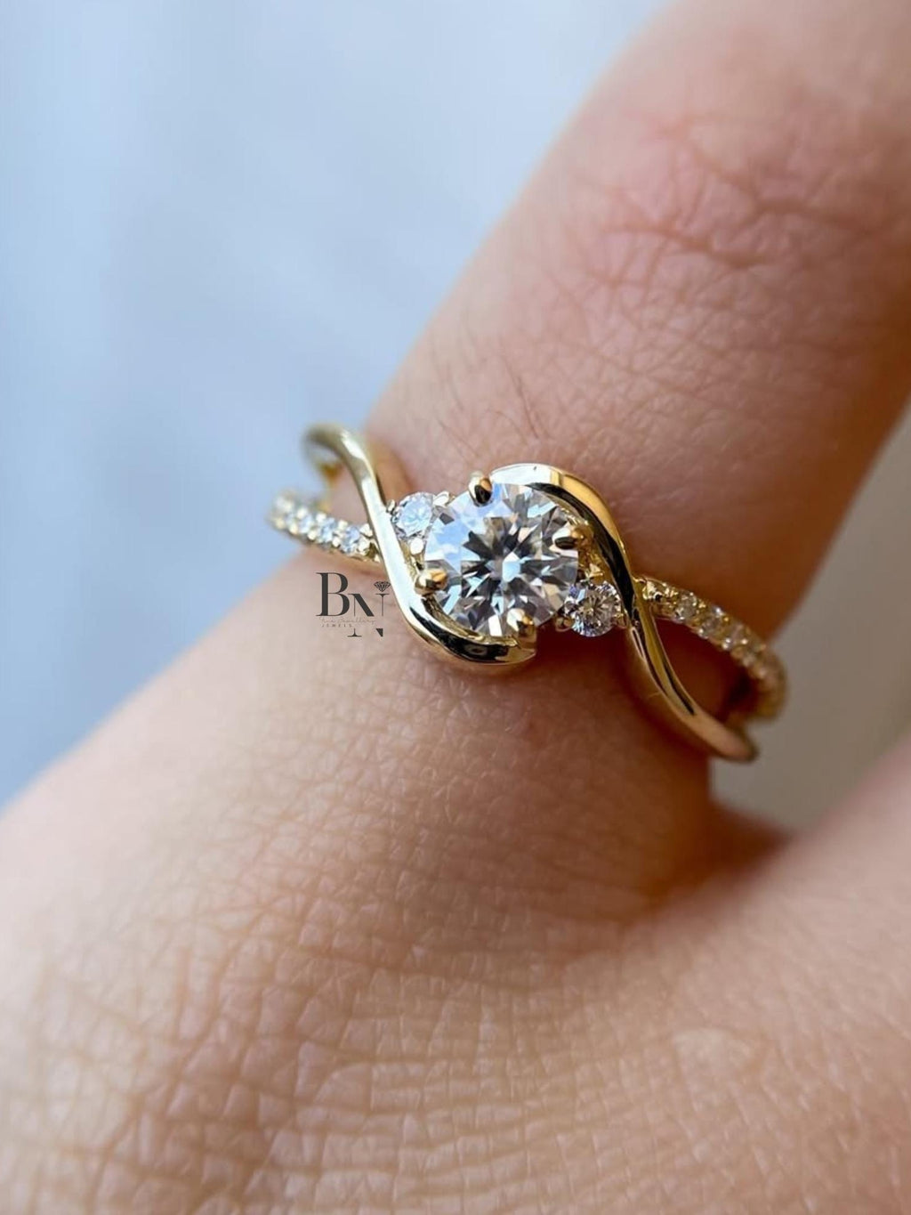 1.00ct Round Lab Diamond Engagement Ring | Yellow Gold Swirl Bypass Setting | Dainty Pave Solitaire | Unique Proposal Ring