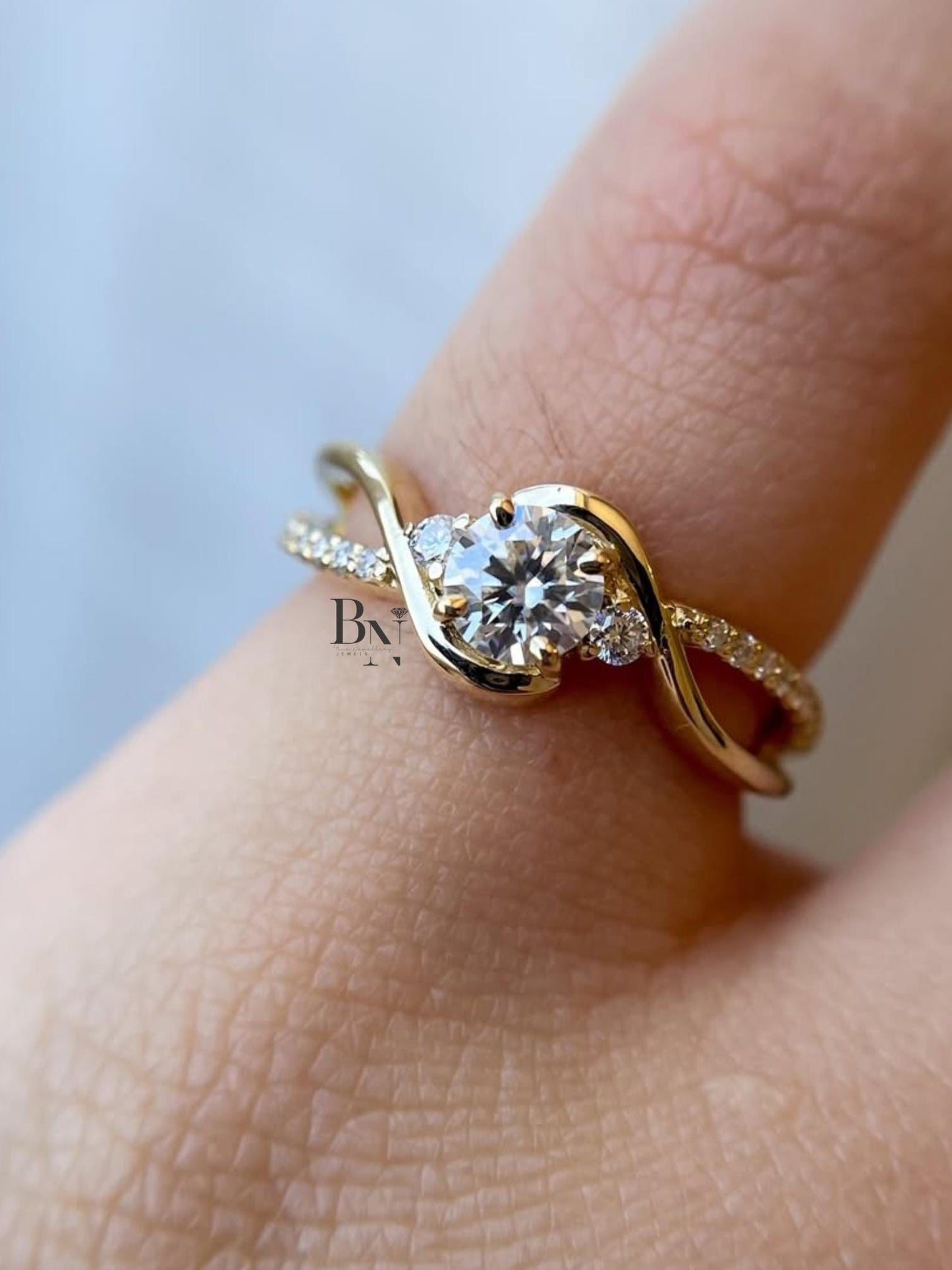 1.00ct Round Lab Diamond Engagement Ring | Yellow Gold Swirl Bypass Setting | Dainty Pave Solitaire | Unique Proposal Ring