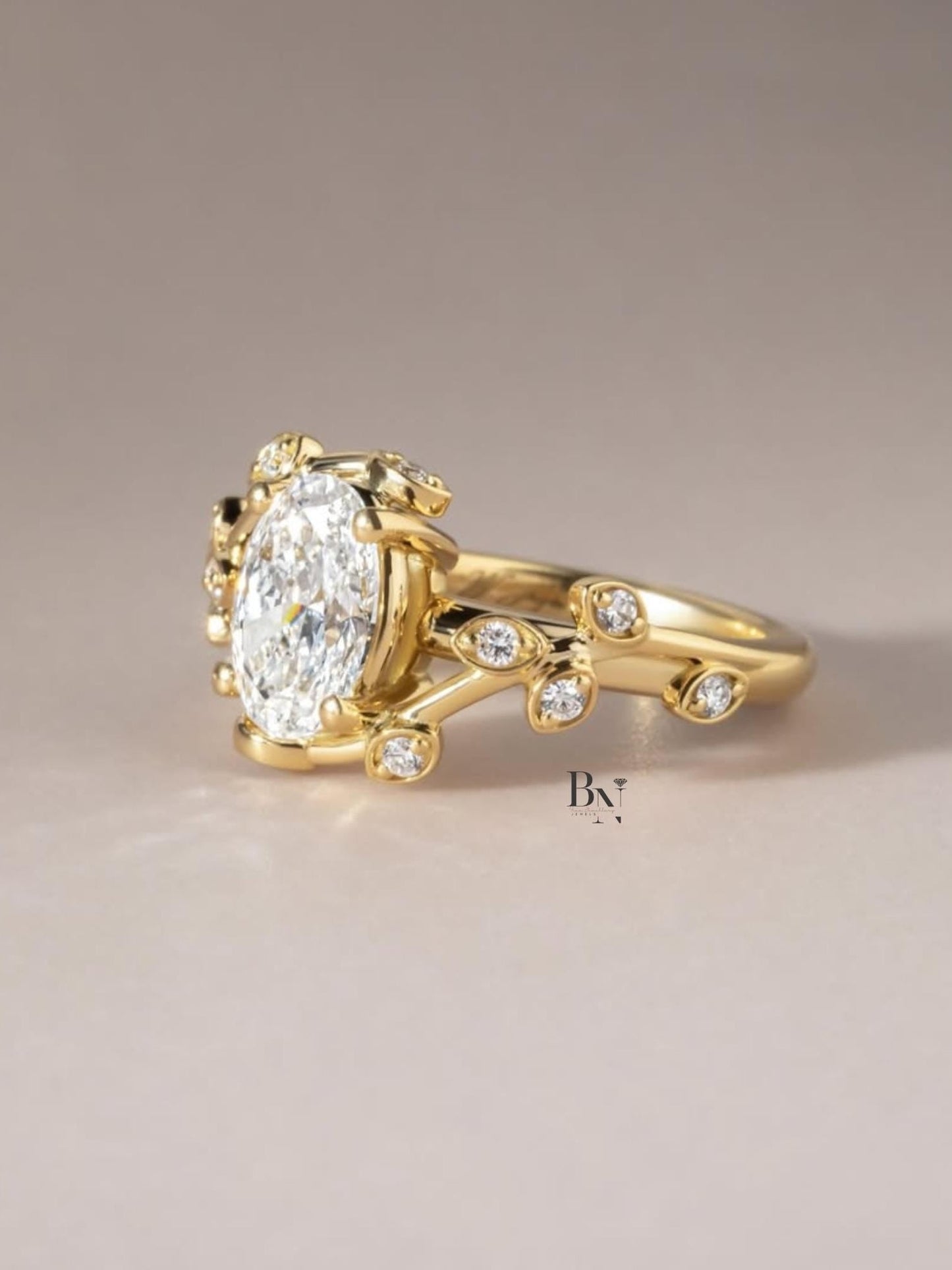 1.50ct Oval Lab Diamond Engagement Ring | Leaf and Vine Solitaire Band | 14K White Gold Dainty Band | IGI Certified | Nature Inspired Band