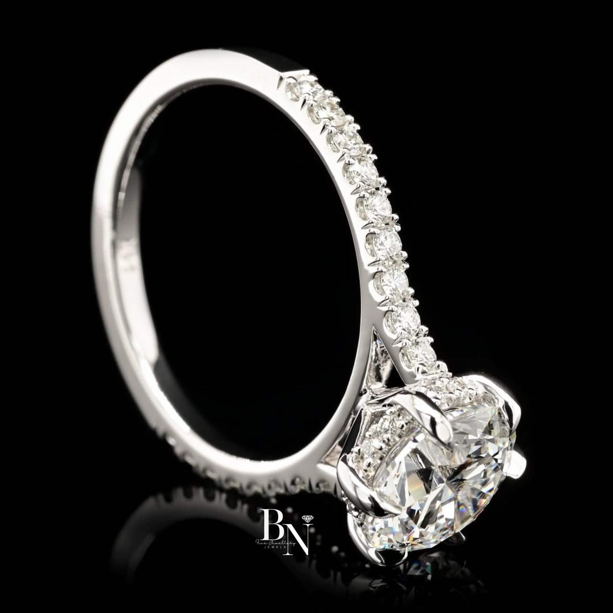 1.00 CT Round Lab Diamond Halo Engagement Ring | 14K White Gold Pave Band | IGI Certified | Round Brilliant Proposal Gift